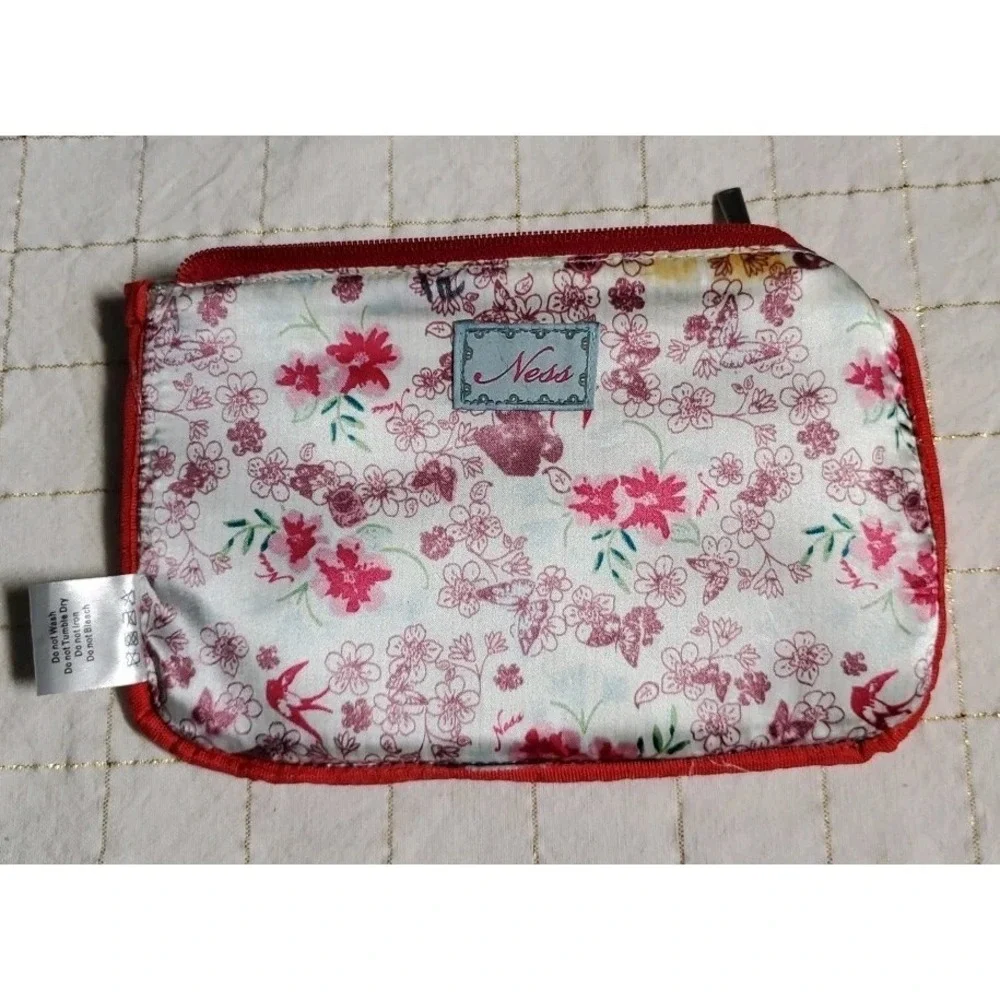 NESS Scotish Wool‎ Blend Makeup Bag Green Pink Tartan Floral Applique 8.5x5.5